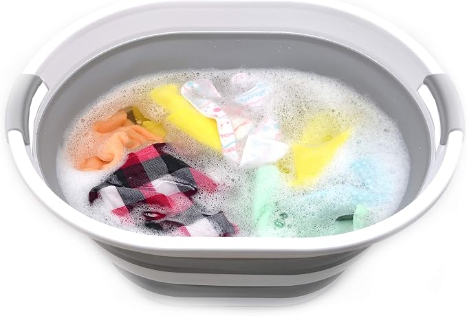 SAMMART 34L (8.98gallon) Collapsible Plastic Laundry Basket-Oval Tub/Basket-Foldable Storage Container/Organizer-Portable Washing Tub-Space Saving,Water Capacity 29L (7.66 Gallon) (1, Grey)