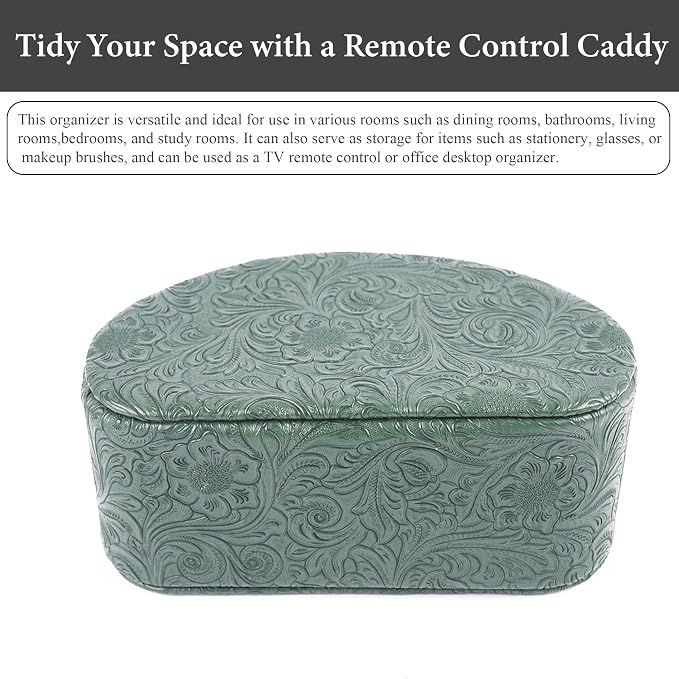 Remote Control Holder, PU Leather Remote Caddy Desktop Organizer with 5 Spacious Compartments for TV Remotes/Media Controllers/Office Supplies (1-Carved3 Green1