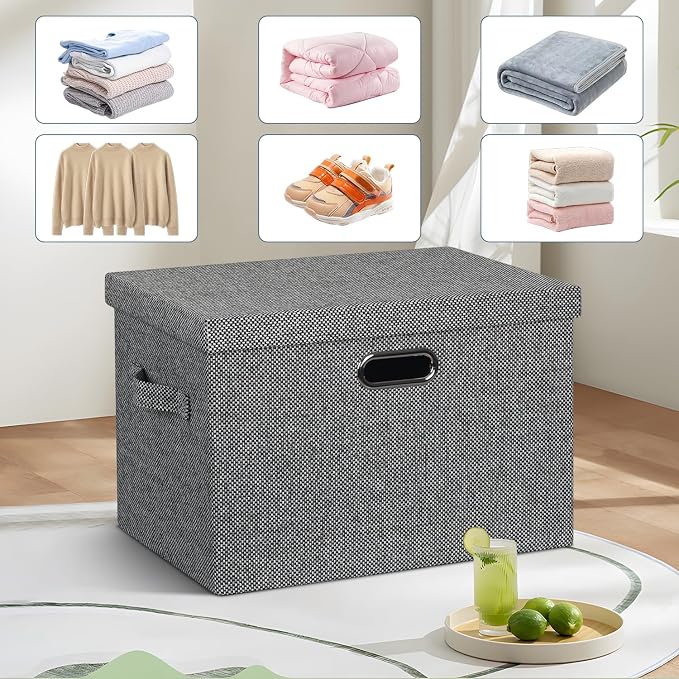 Graciadeco Large 17" 36 Quart Collapsible Stackable Storage Bins with Lids, 3 Packs Black and White Mix Linen Fabric Closet Boxes with Lids, Storage Cube Baskets Container Organizers (17x12x11)