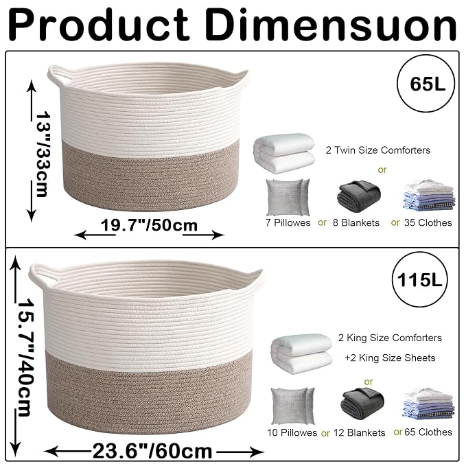 115L Extra Large Blanket Basket,Woven Rope Laundry Basket Hamper with Handles, Decorative Nursery Basket Storage Bin for Toys, Clothes Organizer, Living Room, Bedroom, Bathroom, White & Brown