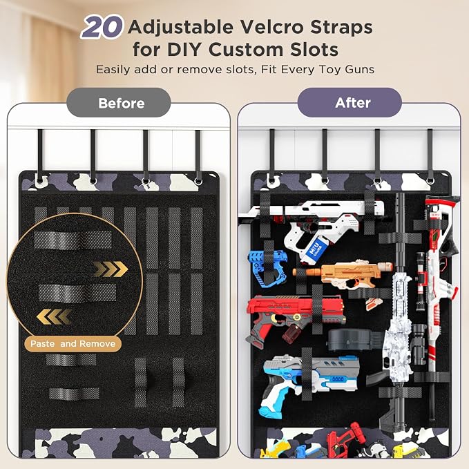 Over the Door Organizer for Toy Guns, Hanging Toy Guns Storage Organizer with Pockets and Slots for Kids Foam Blasters, Darts, Goggles, Toys Storage Door Hanger for Kids Rooms, Game Rooms, Camouflage