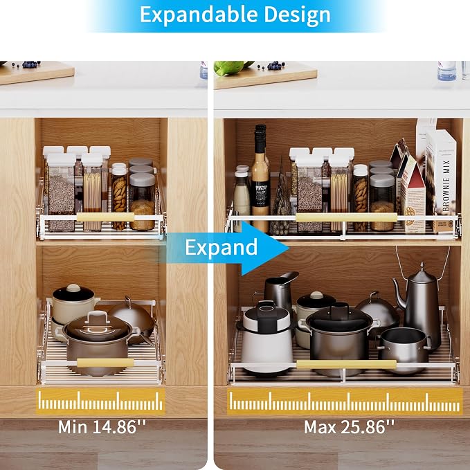 Expandable Pull Out Drawer Cabinet Organizer, Adjustable Width Bottom-Mounted Slide Out Storage Shelves for Cabinets, Required Cabinet Size (14.86"~25.86", D≥22.5"), 2 Pack