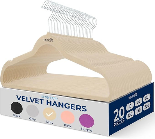 SereneLife Velvet Hangers – 20 Pack, Slim & Space Saving for Closets | Soft velvet grip prevents slipping on silk, satin & knitwear – 360° swivel hook fits all standard closet rods