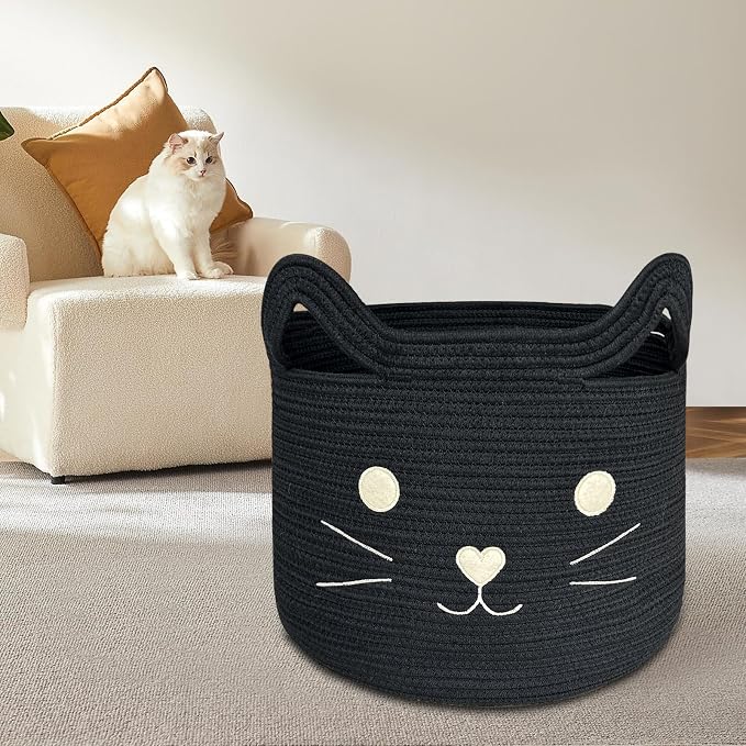 VK VK·LIVING Large Cat Toy Basket with Handles 15" Lx14 H Cotton Rope Toy Box with Black Cat Design, Gift Basket for Laundry, Baby, Towels, Blankets, Woven Cotton Rope Animal Storage Organizer