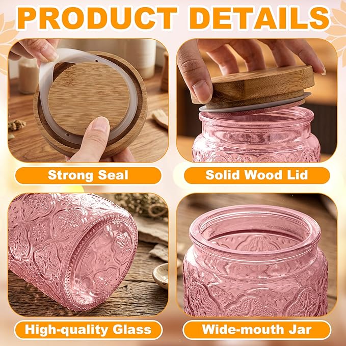 LemonRoad 4 Pcs Vintage Pink Glass Storage Jars 23.7 oz Mason Jar Canister with Wood Lids Food Storage Container for Cookie, Pantry, Candy Kitchen, Coffee, Tea, Flour, Sugar, Decorative Home Decor