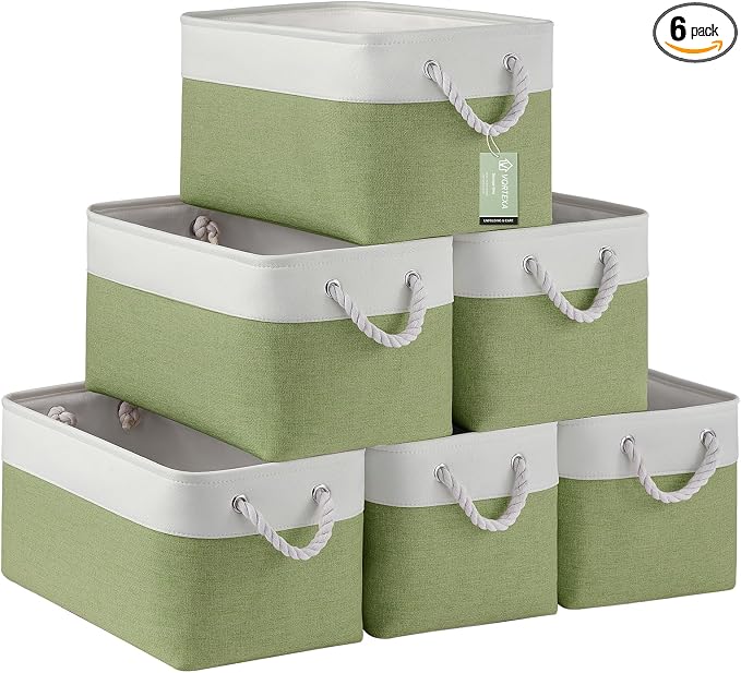 Large Storage Baskets- 15x11x10 inch Storage Bins for Shelves and Closet Organizing, Foldable Fabric Bin for Home Organization Clothes and Laundry (6-Pack, White&Green)