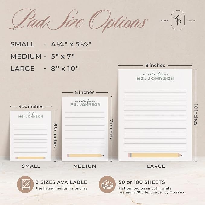 Curio Press Personalized Notepad 50 or 100 Sheets, Custom Stationery Note Pad 3 Sizes - Custom Lined/Unlined Teacher Gifts Appreciation with Name Teacher Stationery For Women and Men - Take Note Pad