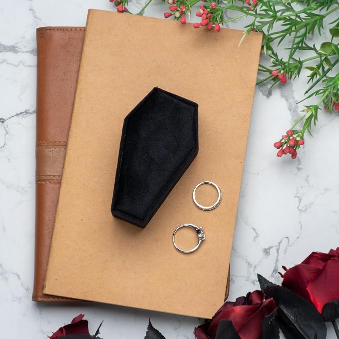 Velvet Coffin Ring Box Case Holder for Gothic Wedding Ceremony,Gothic Jewelry Organizer Decorations (Black and Red)
