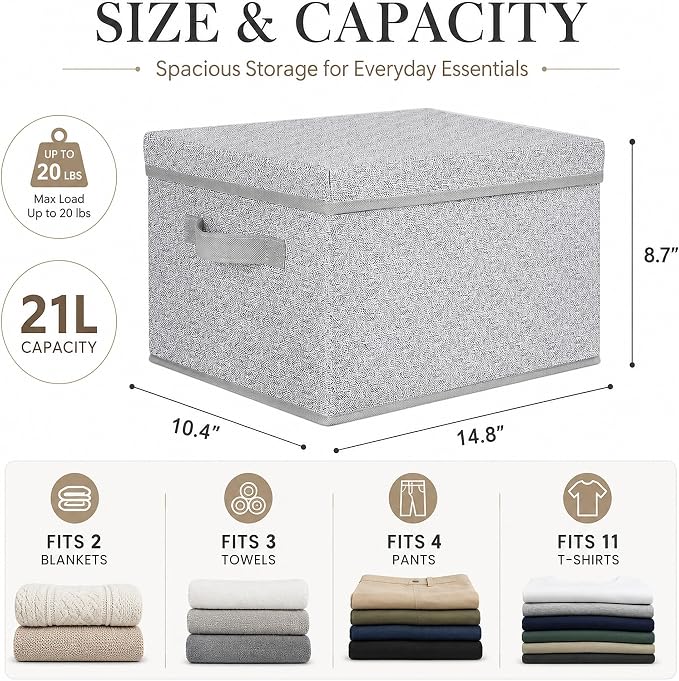 WUIKE Foldable Storage Bins with Lids, Storage Boxes with Handles, Closet Shelf Organizer, Fabric Storage Baskets for Bedroom, Decorative Storage Containers, Large, Ash Gray, 3-Pack