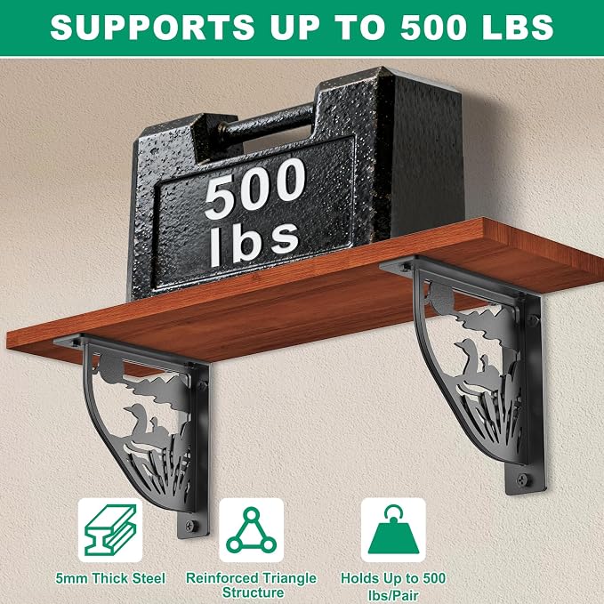SELEWARE Black Heavy Duty Shelf Brackets, L 8" x H 8" x W 2" Wall Mount Decorative Shelving Brackets, 1/5" Thick Metal L Brackets with Mounting Hardware for DIY Floating Shelf (Duck, 2 Pack)