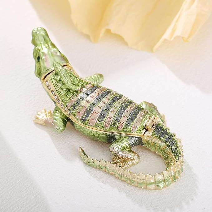 Hand Painted Animal Trinket Box for Home Decor, Hinged Jewelry Organizer Storage, Unique Personalized Collectible Keepsake Figurine Handmade Decorative Ornament Gifts (Crocodile)