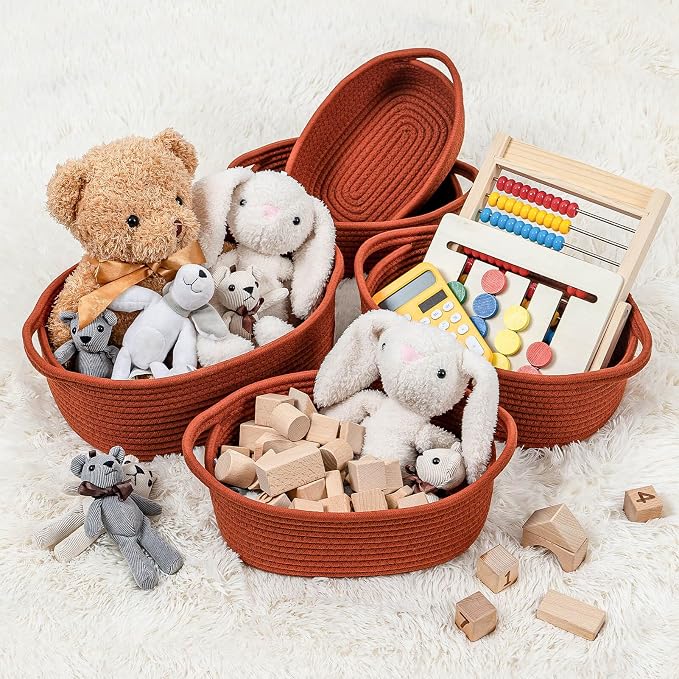 CubesLand Small Storage Basket Cotton Rope Organizer Baskets for Shelves | Set of 5 Decorative Closet Storage Bins with Handle for Countertop, Toilet Paper Basket for Toilet Tank Top, Rust Basket