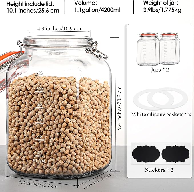 [UPGRADE] 2 Pack Square Super Wide Mouth Airtight Glass Storage Containers with Lids, 1.1 Gallon Glass Jars with 2 Measurement Marks, Canning Jars with Leak-proof Lid for Kitchen (Spare Gasket)