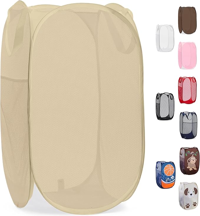 Handy Laundry Collapsible Mesh Pop Up Laundry Hamper with Side Pocket, Breathable & Space-Saving Foldable Basket for Clothes, Toys, Travel, Storage, 14 x 13 x 24 in, Beige
