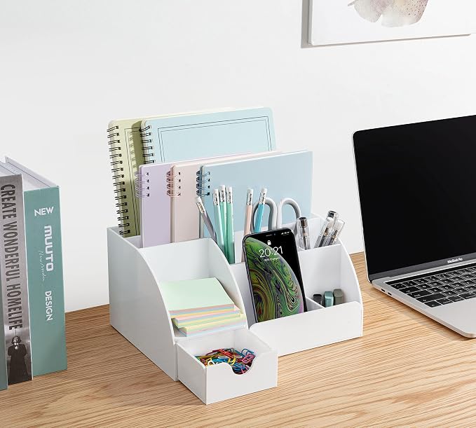 White Desktop Organizer - 9 Compartment Office Desk Accessories Organizer - Pen Holder