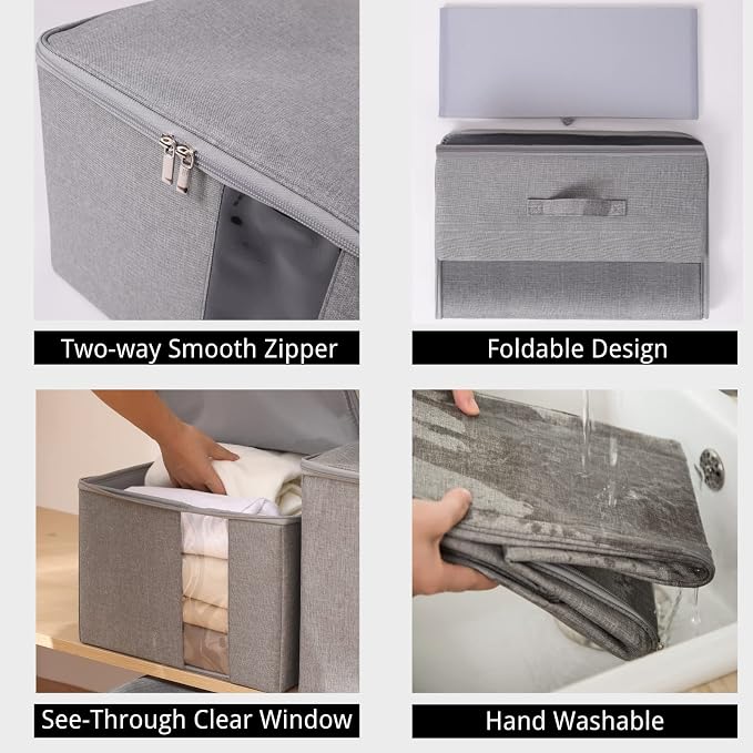 Under Bed Storage with Clear window/ 600D Sturdy Fabric, Underbed Storage Containers Bags for Clothes, Clothing, Blanket, Comforters (M（21.7x16.5x7in） for under bed storage, Light grey)