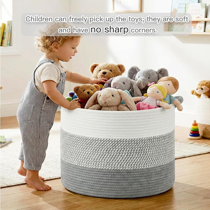 Artfeel 70L Large Cotton Rope Basket, Decorative Woven Blanket Storage for Living Room, Boho Toy Storage & Toy Box for Kids, Versatile Laundry Basket & Nursery Hamper for Blankets(Grey)