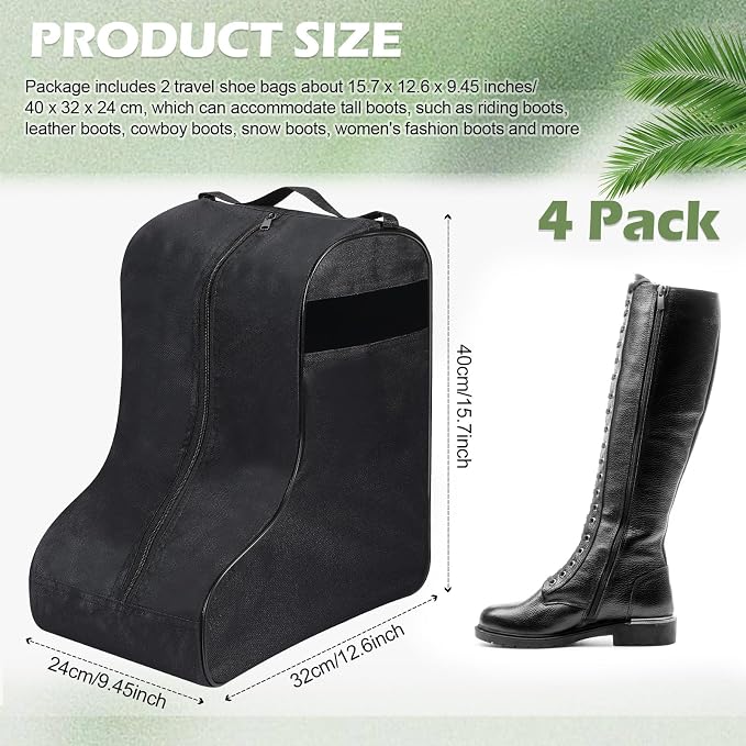 4 Pcs Boot Bags for Cowboy Boots Portable Storage Bag for Travel Long Tube Shoes Bags Men Tall Shoe with Handle for Home (Black)