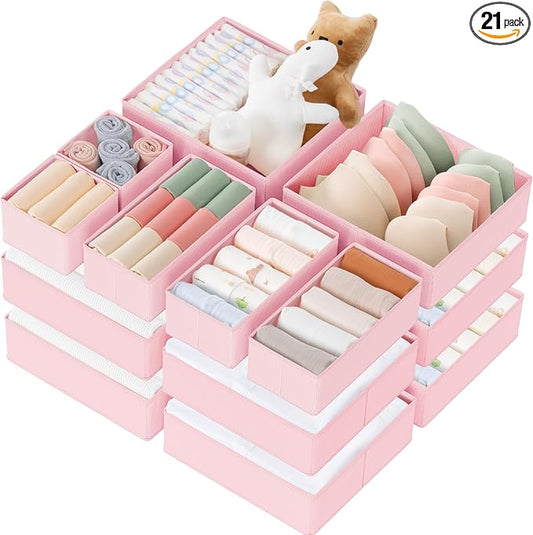Criusia Drawer Organizer Clothes, 21 Pack Dresser Organizer for Baby Clothes, Underwear, Sock - Foldable Closet Organization and Storage Dividers Bins for Nursery, Bedroom (Pink)