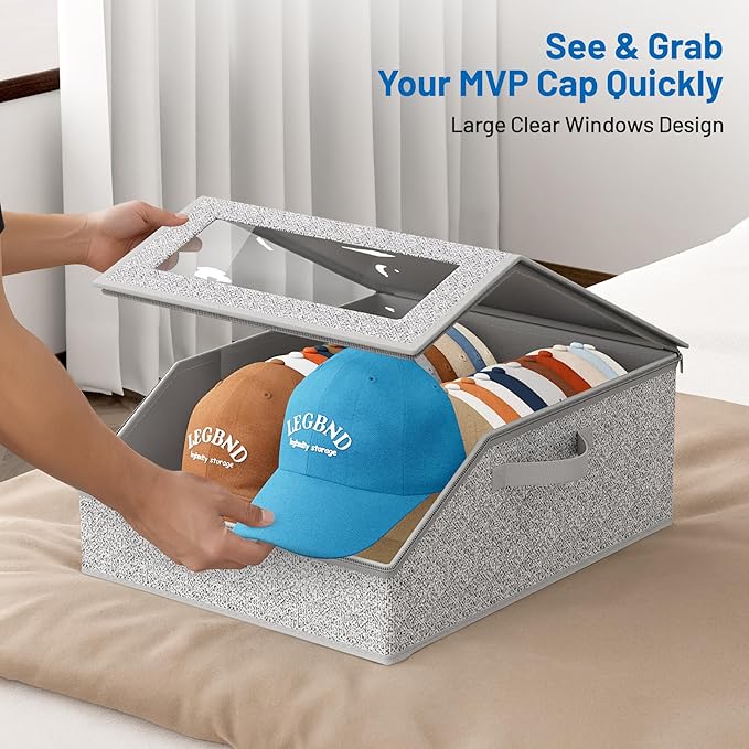 AOODA Sturdy Hat Storage for Baseball Caps, Holds up to 24 Caps Clear Hat Organizer for Closet, Bedroom, Wide Hat Box with Cardboard (Grey)