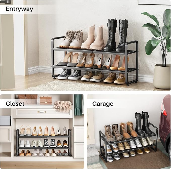 SNTD Shoe Rack - Expandable Shoe Organizer for Closet, Adjustable Metal Shoe Shelf Storage, Stackable Long Shoe Stand Holder for Garage, Entryway, Door Entrance (Black, 2-Tier)