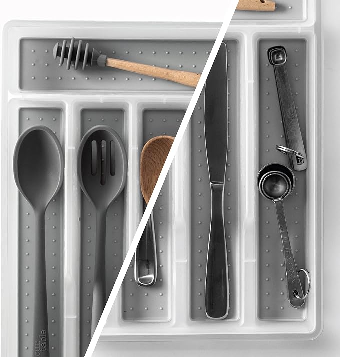 BINO | 5-Slot Silverware Organizer | Small Frosted Cutlery Tray | Silverware Storage for Drawer | BPA-Free Plastic Organizers with Soft-Grip Lining and Rounded Corners