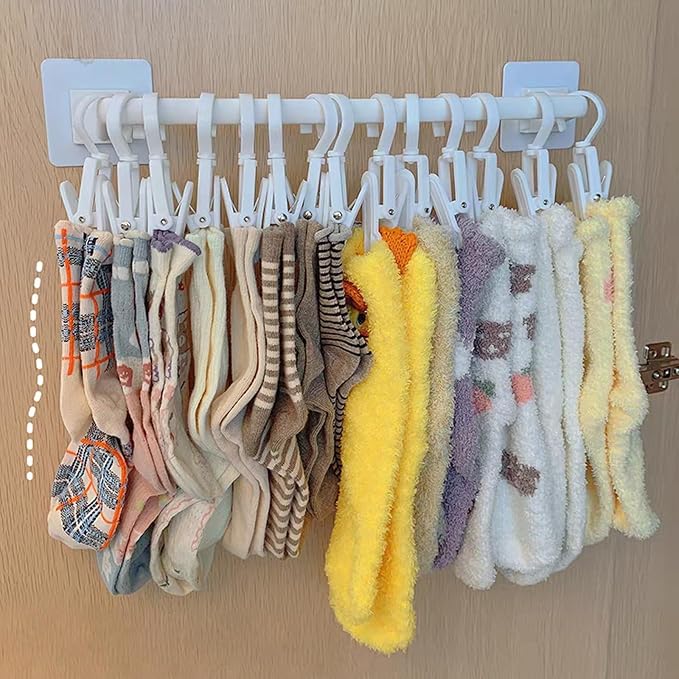 Kid Pants Hanger Organizer with 10 Clips - White & Plastic | Baseball Cap Display Holder, Closet Rail Wall Mounted Door Rack for Drying Baby Socks, Towel, Hats, Toddler Leggings