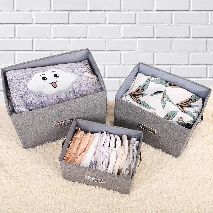 Large Linen Fabric Foldable Storage Bins with Removable Lid and Handles, Washable Storage Box Organizer Containers Baskets Cube with Cover for Bedroom,Closet,Office (Coffee, Medium(2-Pack))