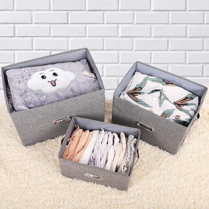 Large Linen Collapsible Storage Bins with Removable Lids and Handles, Washable Storage Box Containers Baskets Cube with Cover for Bedroom,Closet,Office,Living Room,Nursery (Grey, Large)