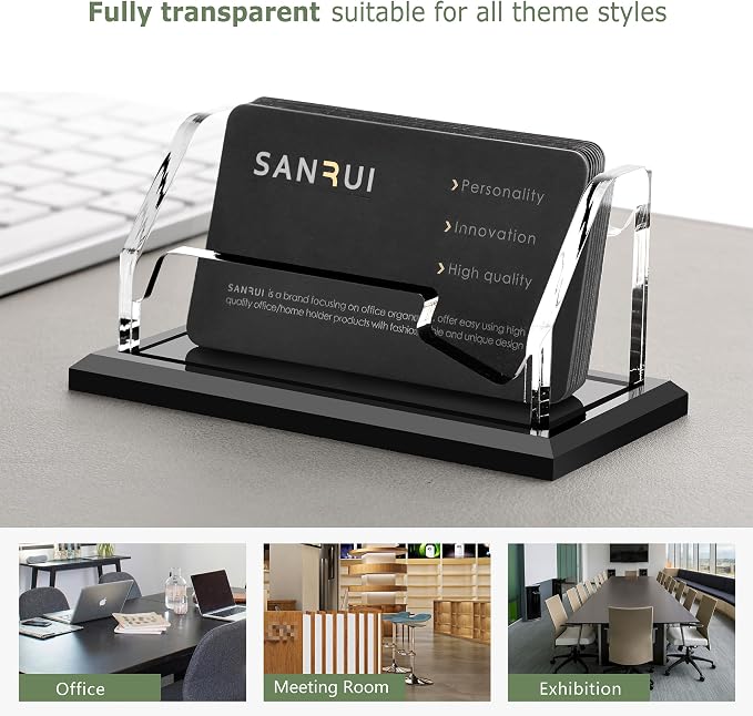 SANRUI Black Business Card Holder for Desk 1 Slot , Clear Acrylic Horizontal Name Card Stand for Women and Men, Desktop Organizer Display for Office Home Exhibition - 60 Card Capacity 1 Pack