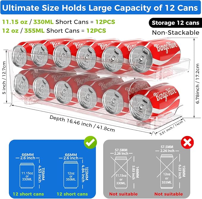 2 Pack Rolling Soda Can Dispenser for Refrigerator Soda Can Organizer for Beer Soda Refrigerator Pop Can Organizer for Fridge 12 Standard Size 11.15oz, 12oz, 330ML, 355ML Cans Holder Storage