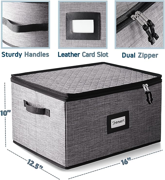 Wine Glass Storage Box with Dividers, Quilted and Stackable Stemware Storage Cases, Service of 12 Glassware Storage Containers, China Storage Containers Hard Shell for Moving and Seasonal Storage