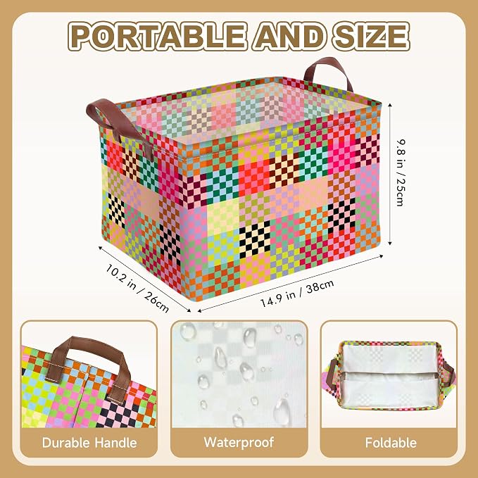Colorful Checkered Storage Basket Waterproof Canvas Toy Storage Bin Checkered Home Decor Collapsible Outdoor Basket with Leather Handles Blanket Baskets For Closets,Bedrooms,Classroom,Gifts Baskets