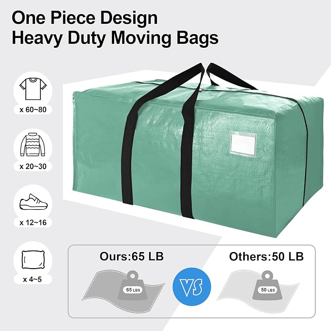 VELVETSURE 12 Pack Heavy Duty Large Moving Bags W/Backpack Straps - Strong Handles & Zippers, Storage Totes For Space Saving, Fold Flat, Alternative to Moving Box and Storage Bin, Teal