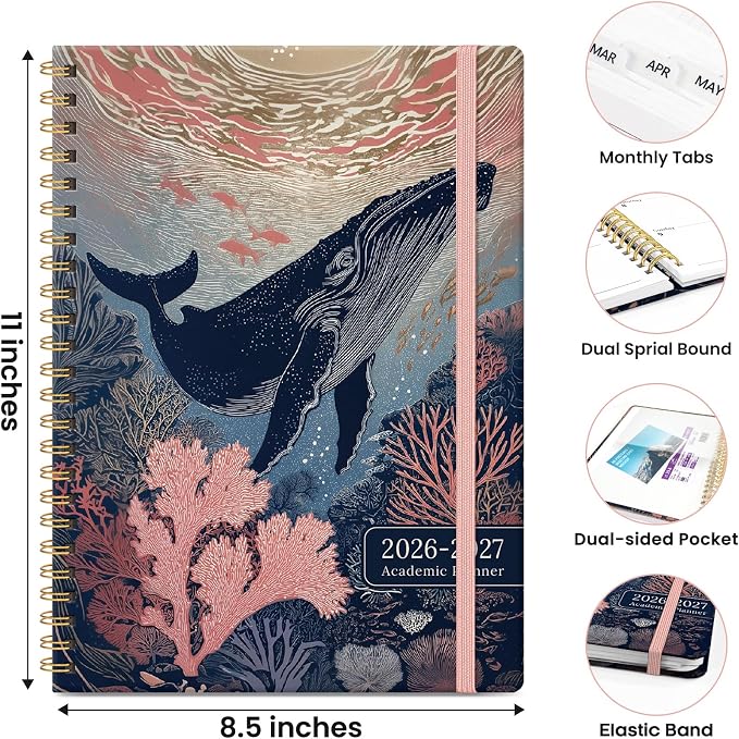 Planner 2026-2027, Hardcover Monthly and Weekly Academic Planner July 2026 - June 2027, Teacher and Student Calendar Agenda Book with Tabs, A5 (6.3" x 8.5"), Ideal for School and Office, Floral Planner, Duskwave Reef