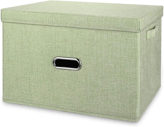 Large Linen Collapsible Storage Bins with Removable Lids and Handles, Washable Storage Box Containers Baskets Cube with Cover for Bedroom,Closet,Office,Living Room,Nursery (Green, Large)