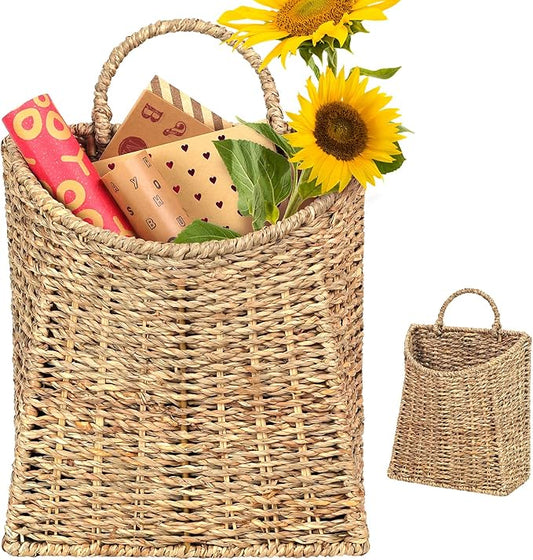 Woven Hanging Seagrass Baskets, Hanging Wall Wicker Basket, Handmade Organizer Baskets, Hanging Flower Basket for Shelves, Walls, Doors, Balconies, Front of House, Garden,...