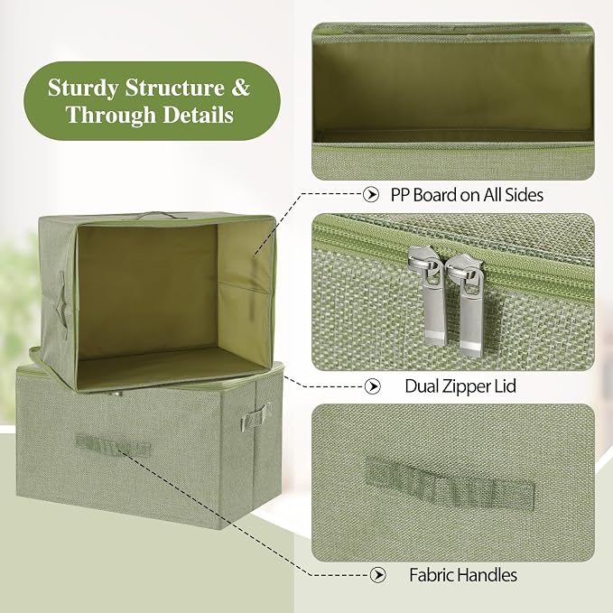 ANMINY Storage Bins with Zipper Lids 51.9 Qt Lidded Fabric Storage Boxes Baskets Cubes with Handles Collapsible Washable Cotton Linen Closet Shelf Clothes Organizer - Green, Extra Large
