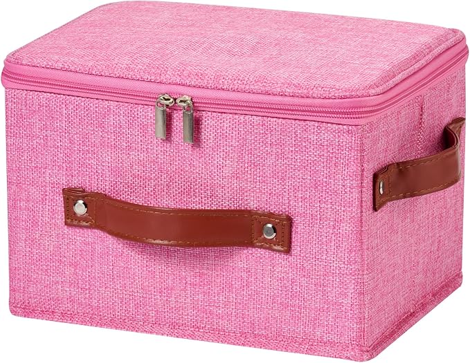 Storage Bin Box with Zippered Lid Cotton Linen Fabric Decorative Basket with PU Leather Handles PP Plastic Board Foldable Lidded Clothing Shelf Closet Organizer Container (Pink, Small)