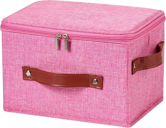 Storage Bin Box with Zippered Lid Cotton Linen Fabric Decorative Basket with PU Leather Handles PP Plastic Board Foldable Lidded Clothing Shelf Closet Organizer Container (Pink, Small)