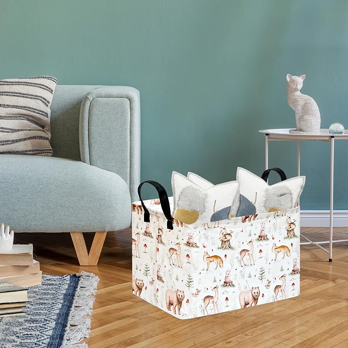 MAIZMZ Kids Storage Basket,Jungle Animals Print,Waterproof Lining, Leather Handles, Collapsible for Kids Toys, Nursery, Baby Gift Basket