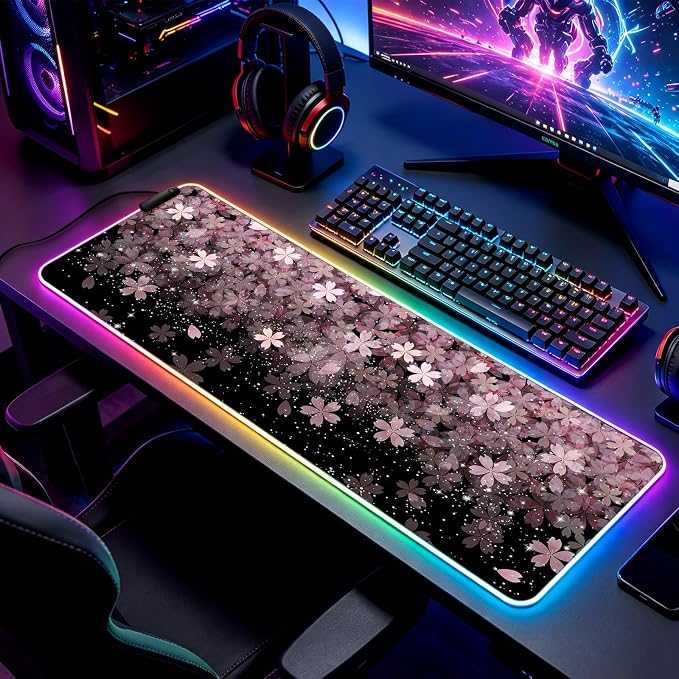 RGB Japanese Cherry Blossom Gaming Desk Mat, Computer Keyboard Large Extended Flowers LED Mouse Pad for Office and Home, 31.5×11.8 Inches, XL, Black