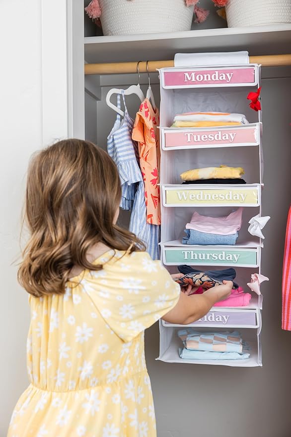 Three Sweet Peas Co Monday through Friday Hanging Weekly Clothes Organizer for Kids