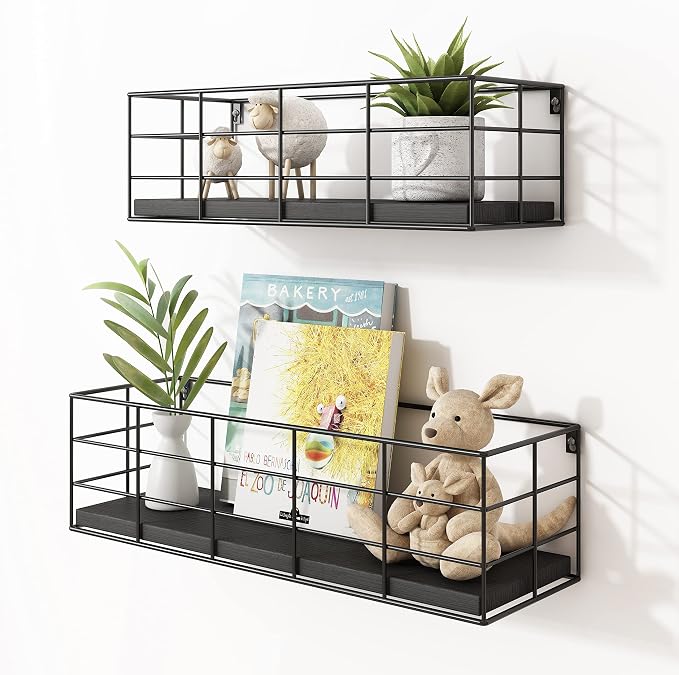 Fixwal 4 Set Floating Shelves - Hanging Wall Mounted Shelves for Living Room, Kitchen, Bedroom & Bathroom - Decorative Storage (Black)