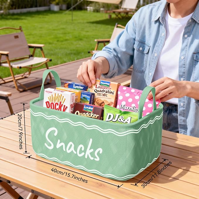 Snack Basket for Pantry & 5 Seal Clips - Snack Bin Organizer for Countertop - Imitation Linen Snack Storage Containers for Storing Chips, Pretzels, Cookies, Popcorn and more (1, Green)