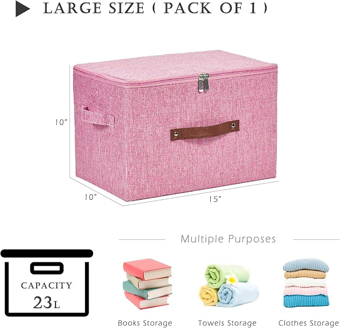 Storage Bins with Zipper Lid Cotton Linen Fabric Lidded Storage Baskets Boxes Foldable Washable Closet Shelf Clothes Organizer Container with PU Leather Handles (Pink, Large)
