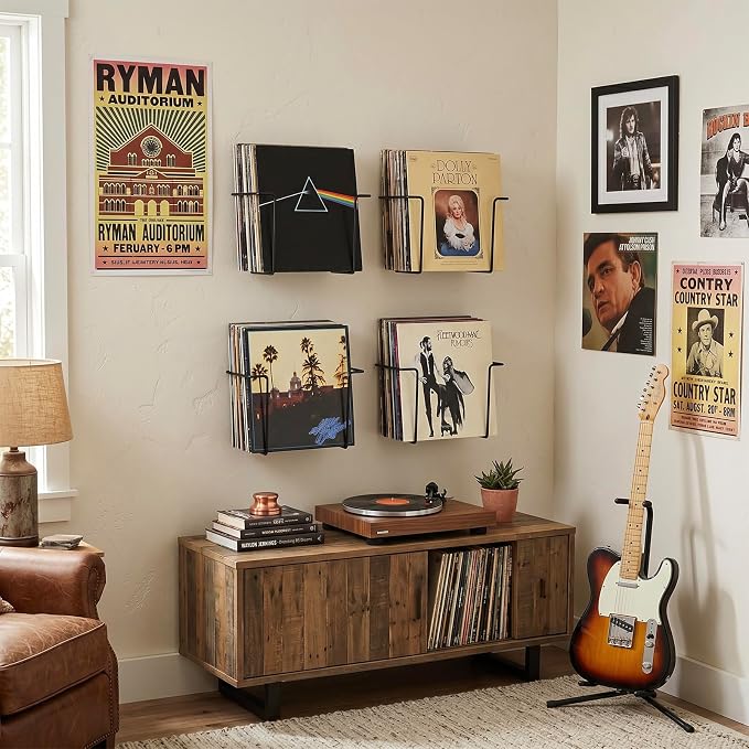 MyGift Modern Metal Wire Record Display Shelf, Vinyl Records Wall Mount Storage Racks, Hanging LP Record Holders, Floating Album Cover Display Shelves, Set of 2 (Black- 4 Pcs)