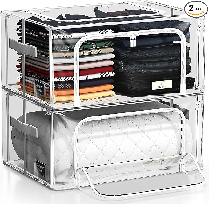 Sorbus Storage Bins with Metal Frame - Stackable & Foldable Clothes Organizer Bags - Clear Soft Plastic Storage Containers (2 Pack, Small)