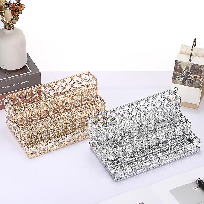 Hipiwe Crystal Business Card Holder Business Card Display Stand 3 Tiers Name Card Storage Organizer with 6 Slots Office Desktop Exhibition