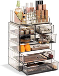 Sorbus Acrylic Makeup Organizer Set, 7-Drawer Vanity & Countertop Cosmetic Storage with Small & Wide Compartments, Black-Tint Makeup Storage for Brushes, Jewelry – Holiday Gift for Women & Teens